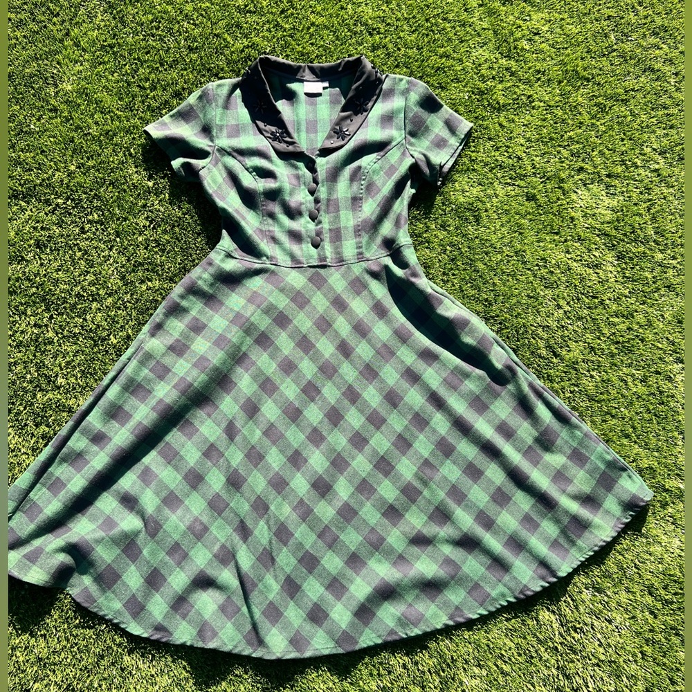 Green & Black checkered Eshakti retro silhouette midi dress size L 12